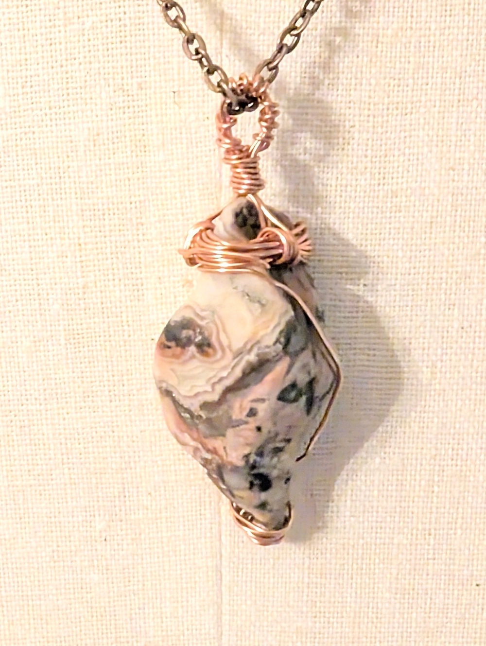 Crazy Lace Agate Hand Wrapped In Copper -Natural Banded Stone - One Of A Kind